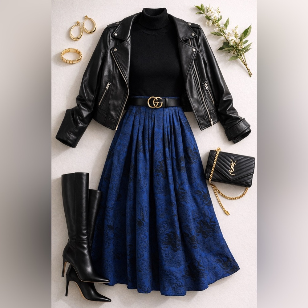 Vintage Nina Gayle Royal Blue Paisley Midi Skirt – Made in USA – 100% Rayon